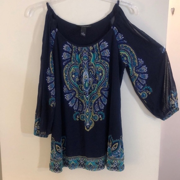 INC Navy Lined Cold Shoulder Paisley Pheasant Top NWOT - Picture 1 of 9